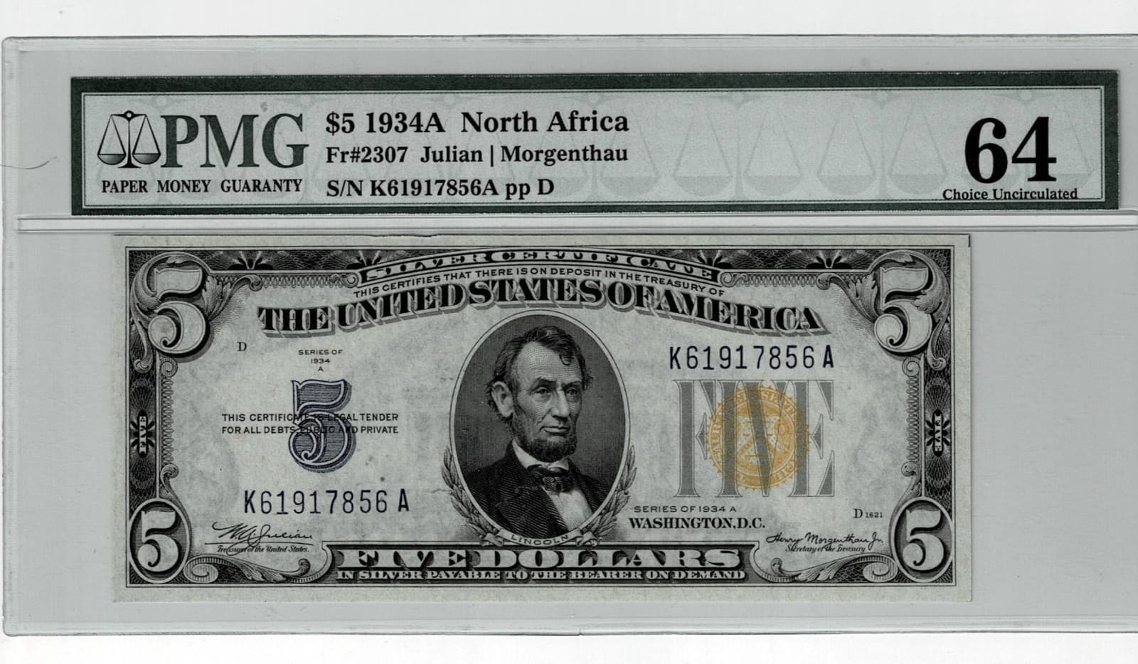 1934-A $5 NORTH AFRICA SILVER CERTIFICATE WWII FR#2307 PCGS UNC 64