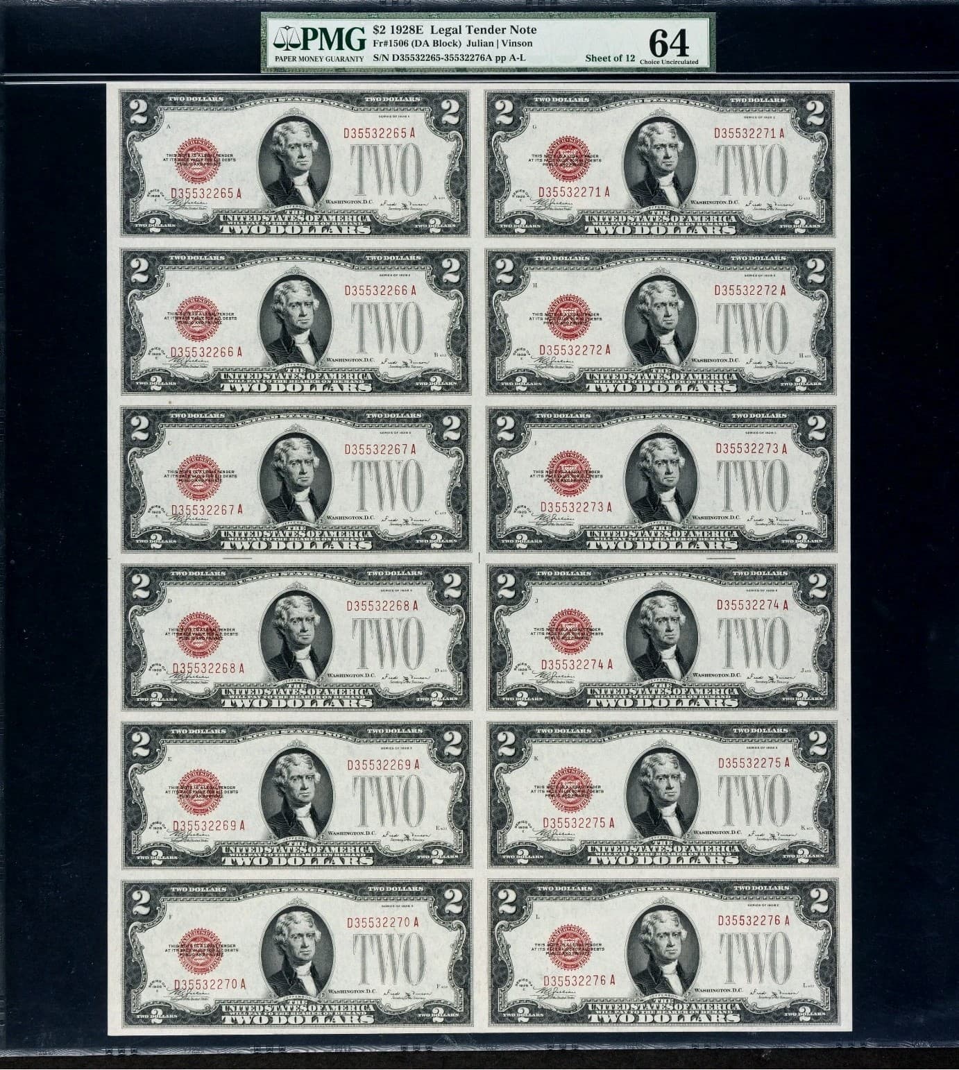 Fr. 1506 $2 1928E Legal Tender Notes. Uncut Sheet of Twelve. PMG Choice UNC