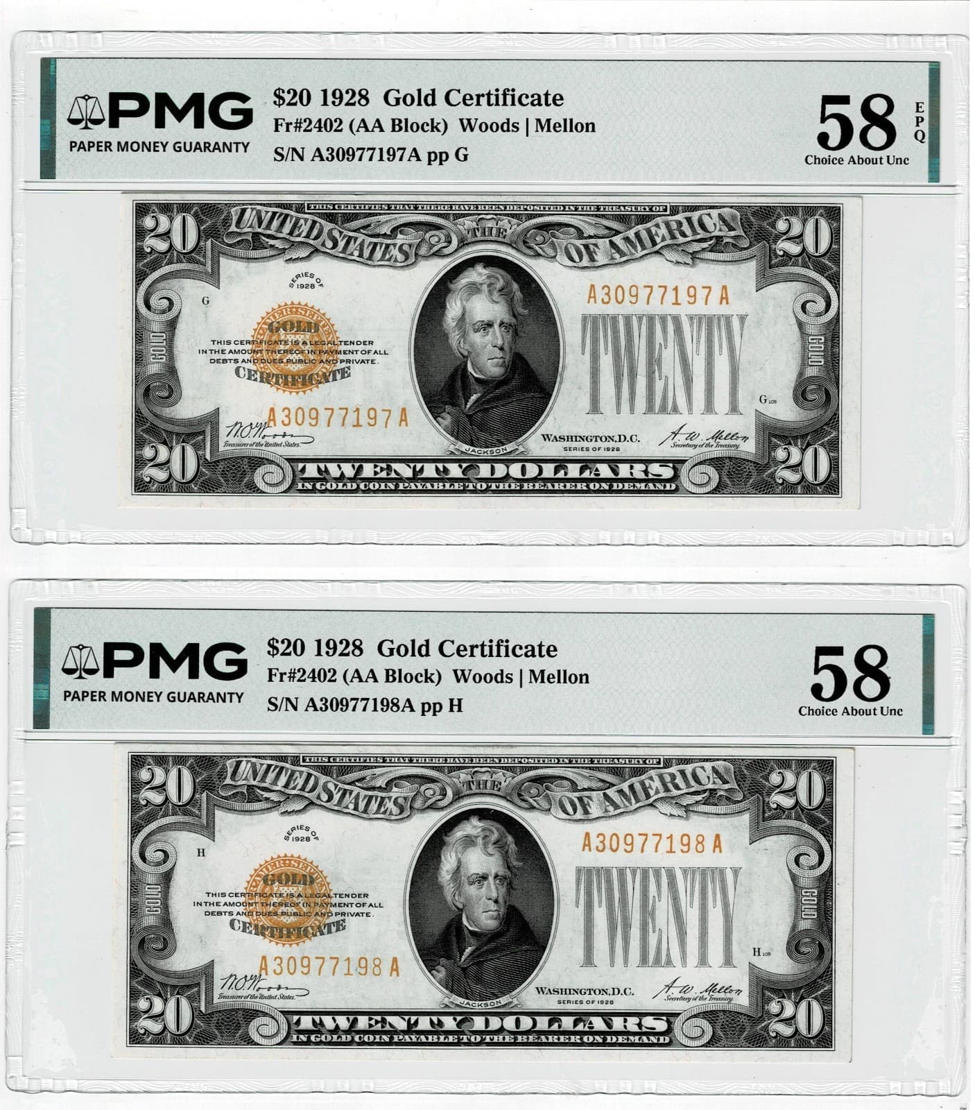 Consecutive Gold Certificates $20 Fr. 2402 PMG Super Rare — view 1