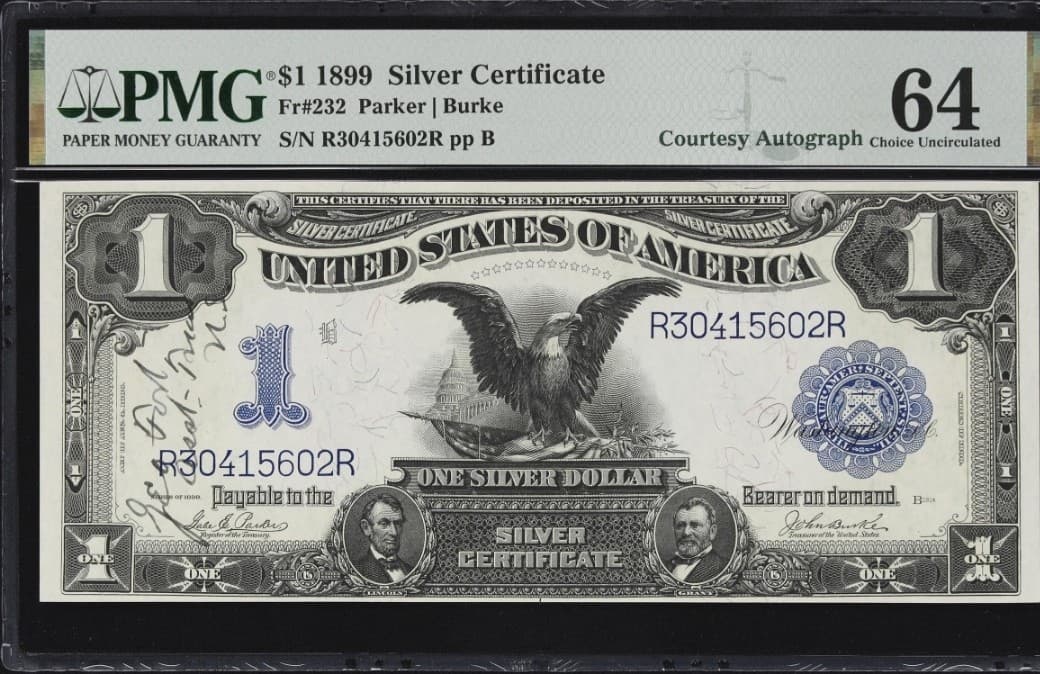 Autographed Black Eagle Fr. 232 1899 $1 Silver Certificate PMG Choice UNC 64