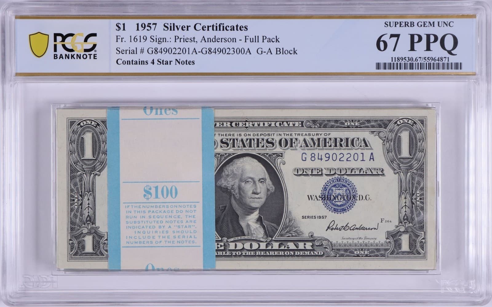SUPERB GEM 1957 $1 Silver Certficates 100 consecutive 67 BEP Pack PPQ, 4 Stars — view 1