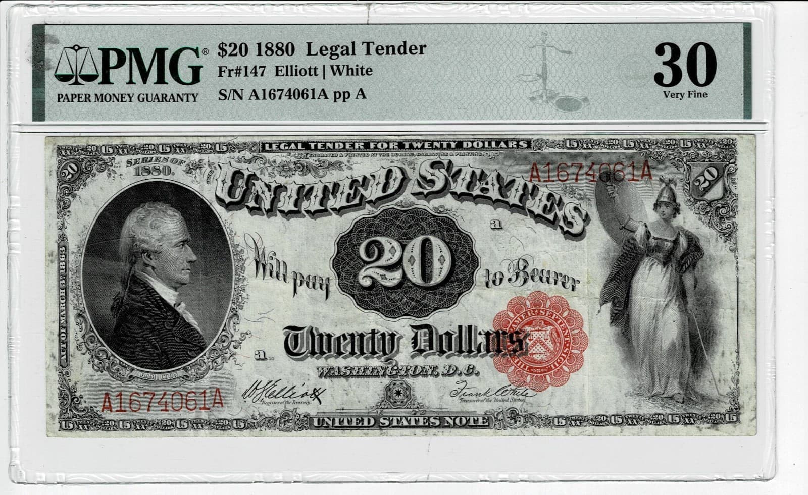 1880 $20 Legal Tender FR-147- Hamilton - Graded PMG 30 - Very Fine