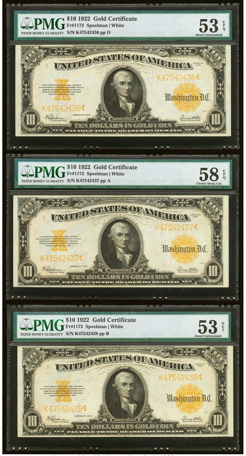 Consecutive Triplet 1922 $10 Gold Certificates FR#1173 PMG Almost Uncirculated