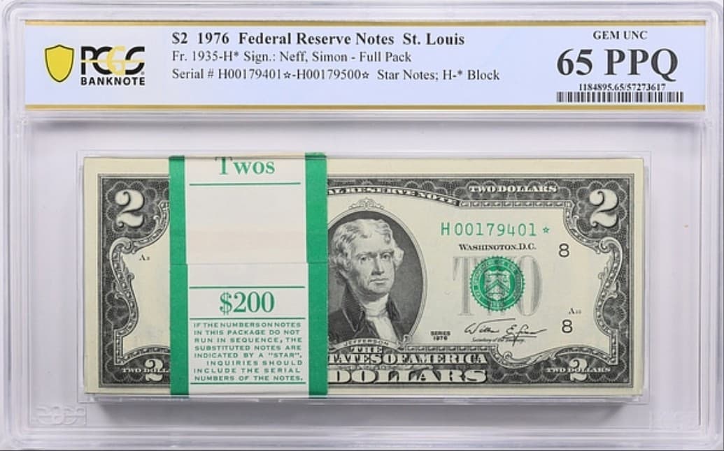 1976 $2 FR Notes St. Louis Fr. 1935-H Full $200 Pack~ Star ~ PCGS 65 Gem UNC PPQ