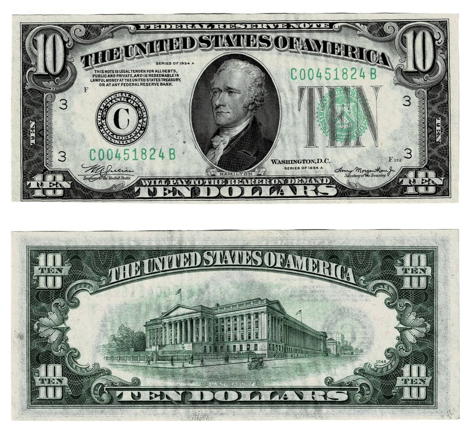 1934 A $10 Federal Reserve Note Bill Ten Dollar Philadelphia