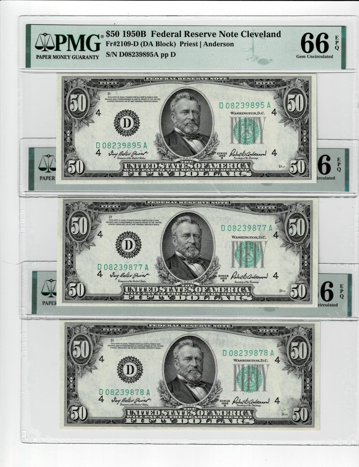 Consecutive Triplet 1950B $50 FR 2109-D DA Block PMG 66 EPQ Sequential — view 1