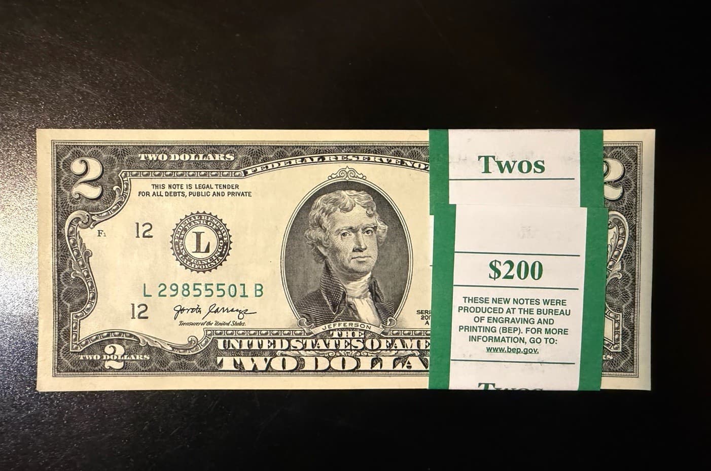 Beautiful Serial Pack of 2017-A $2 BEP Uncirculated 100 Sequential Notes