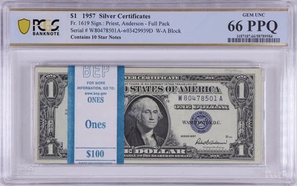 GEM 💎 Pack 10 Stars ⭐ 1957 $1 Silver Certficates 100 consecutive BEP GEM 66 PPQ — view 1