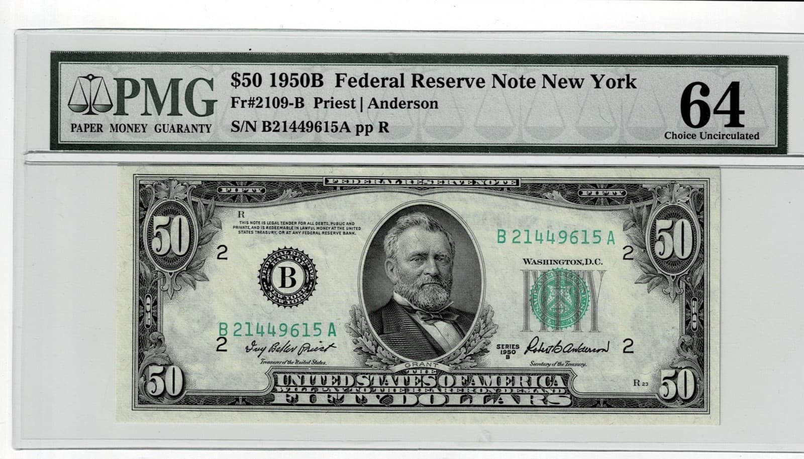 1950B $50 FR 2109-B BA Block PMG 64