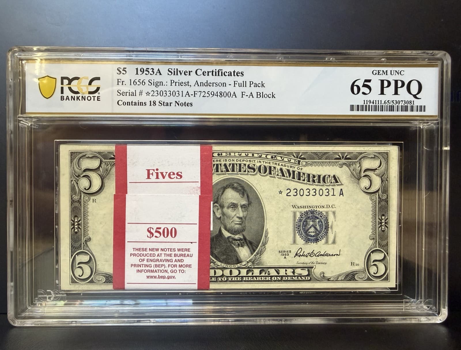 Extremely Rare 1953-A Pack of 100 Sequential $5 Silver Certificates 18 STARS — view 1