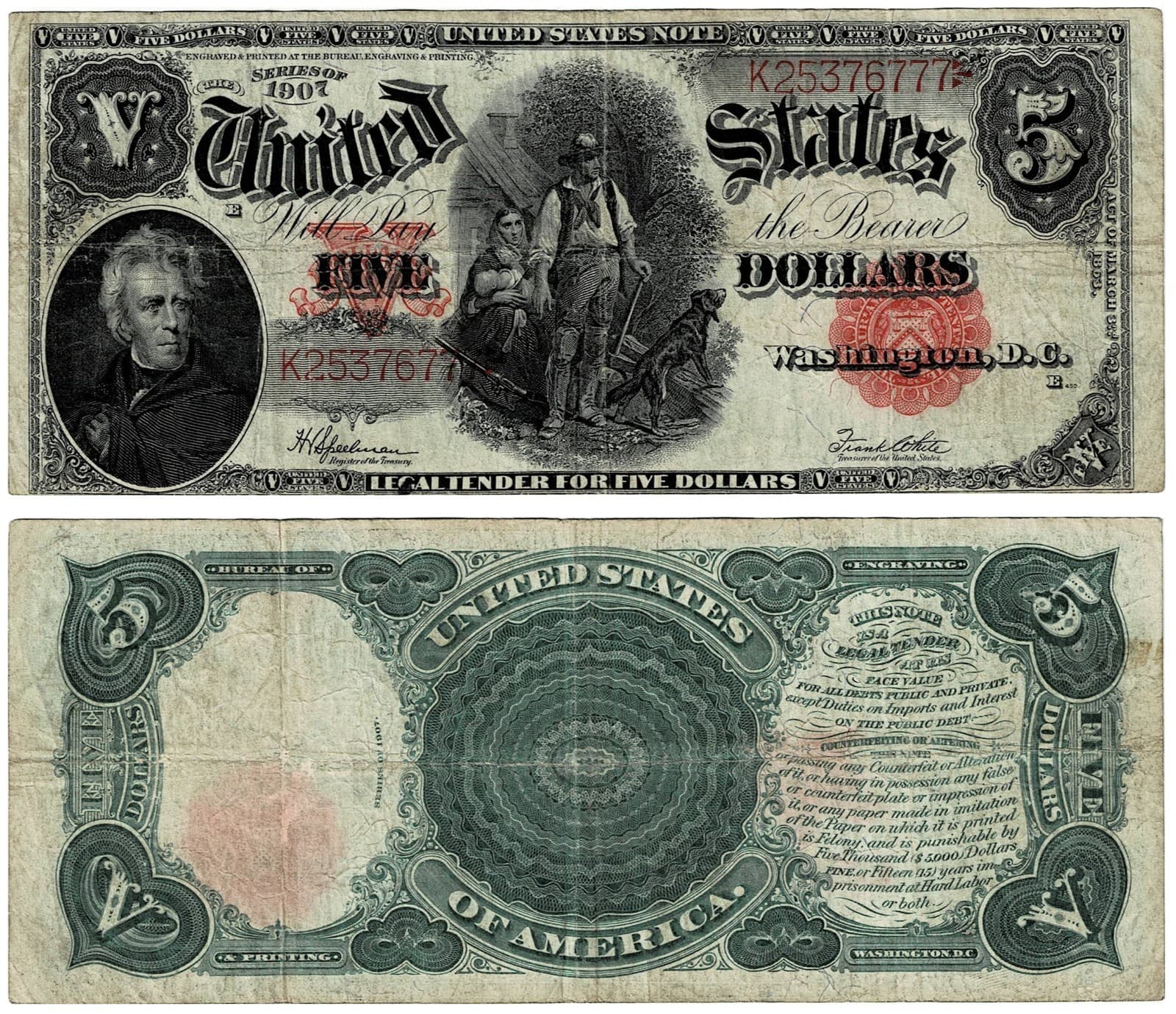 1907 $5 LARGE Size WOODCHOPPER Legal Tender United States Note
