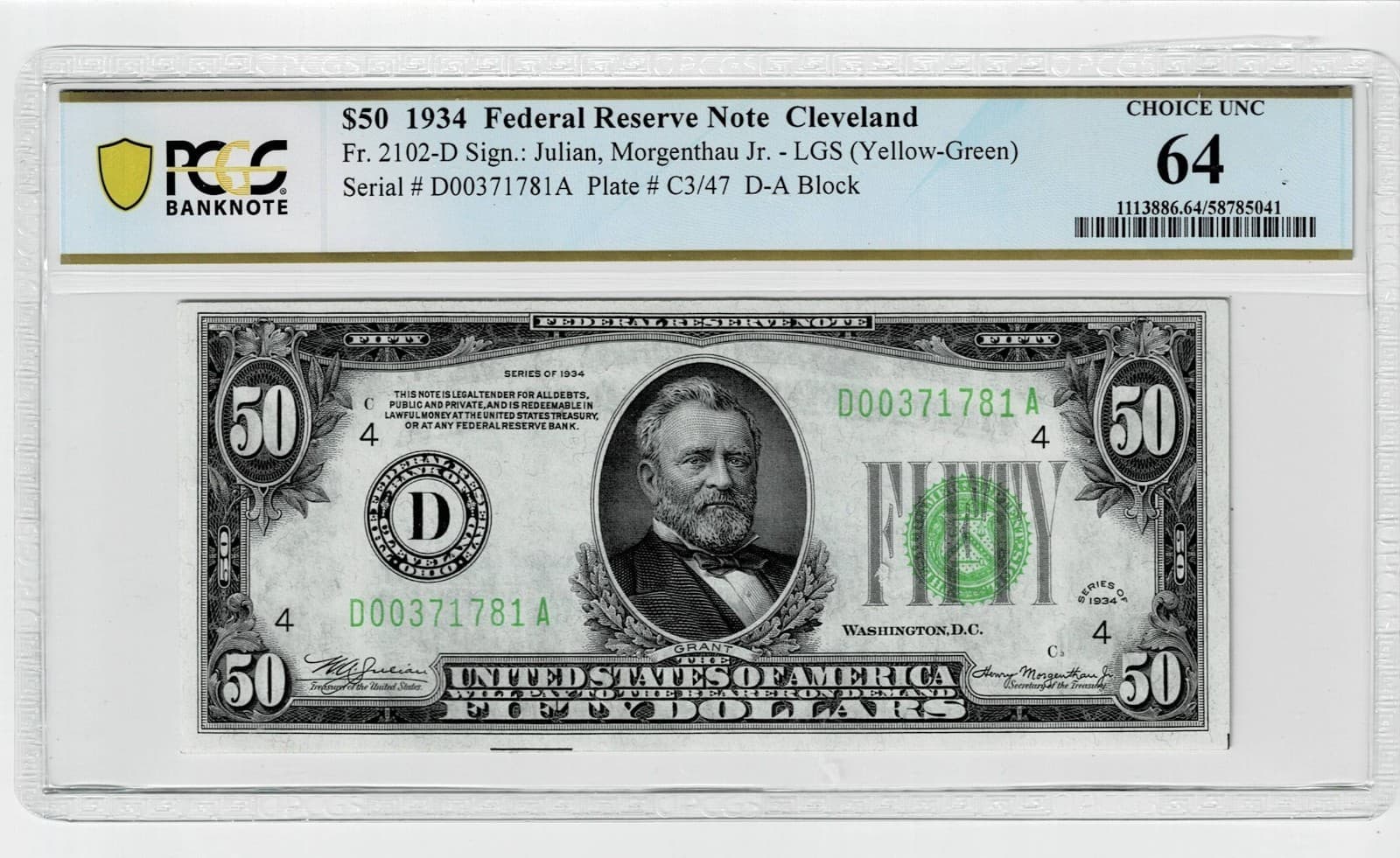 Lime Green Seal $50 1934-D Cleveland Fr. 2102-D Choice Unc PCGS 64 — view 1