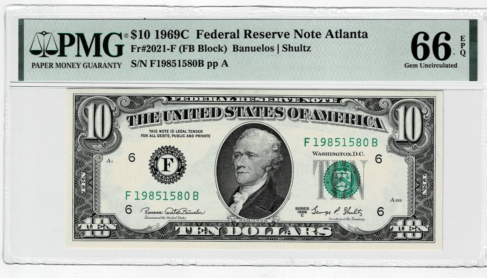 1969-C $10 Dollar Federal Reserve Note Atlanta PMG 66 EPQ Gem UNC — view 1