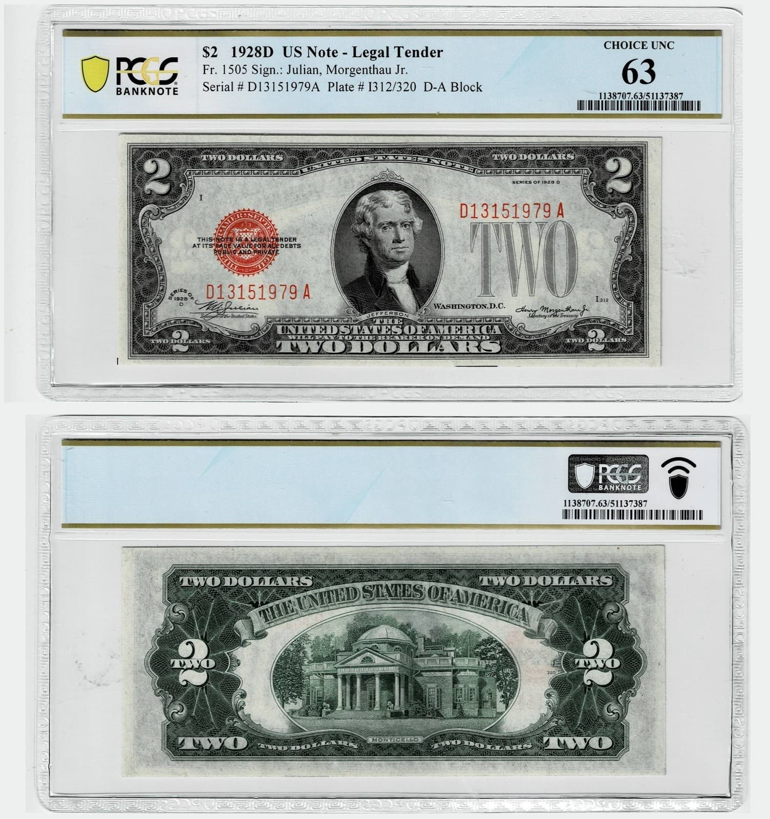 1928 D $2 Legal Tender Red Seal Fr#1505 Choice Unc 63 PCGS