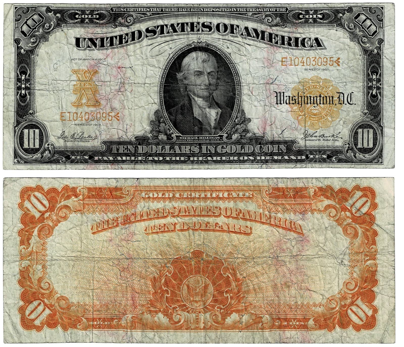 1907 $10 GOLD CERTIFICATE Fr. 1172 HILLEGAS