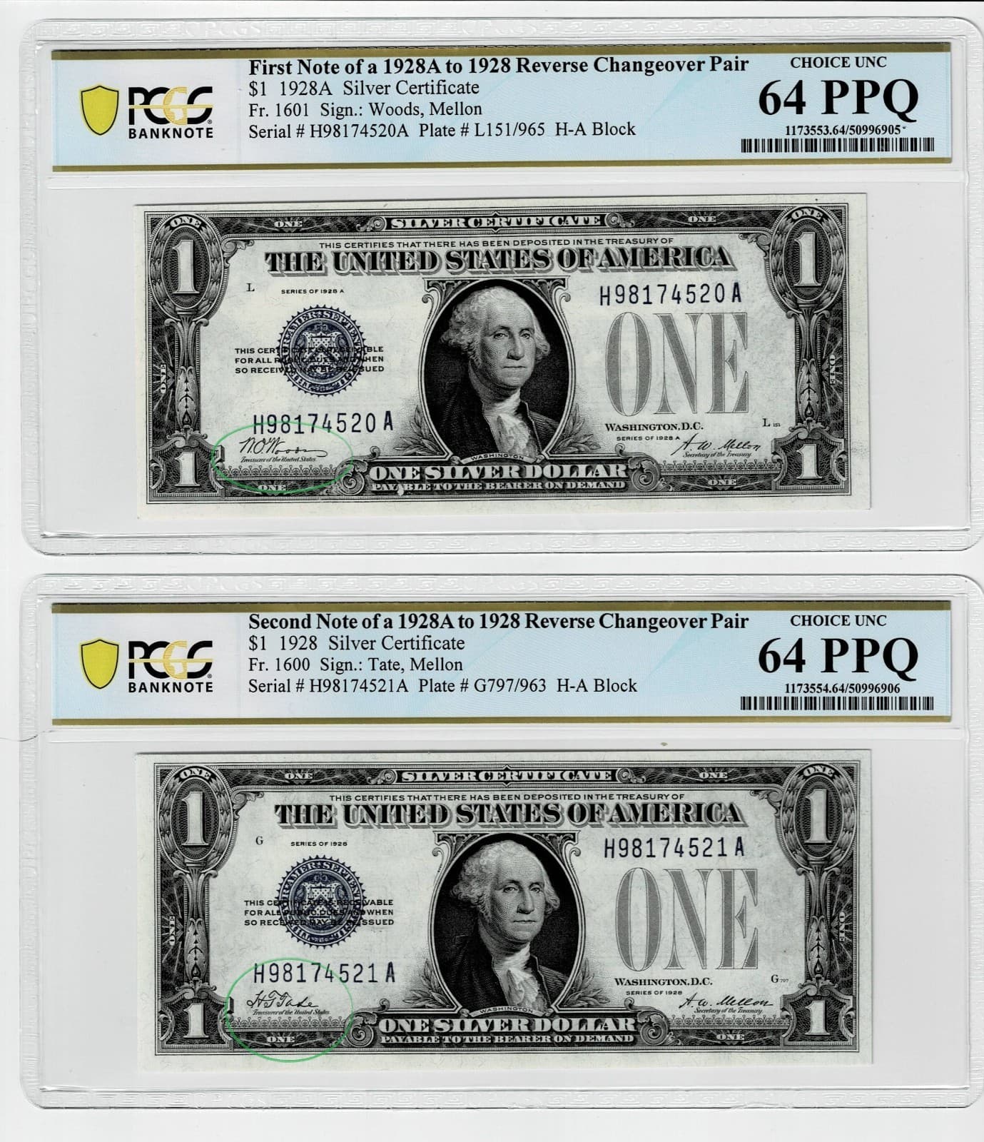 1928 1928A $1 Silver Certificate PCGS 64 PPQ changeover pair Fr 1600 Fr 1601 — view 1