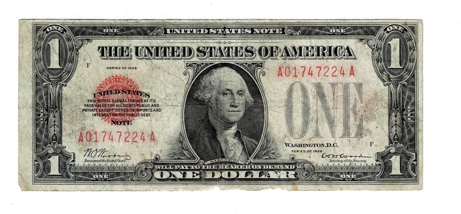 Series 1928 $1 United States Note Fr 1500 Red Seal Funny back — view 1