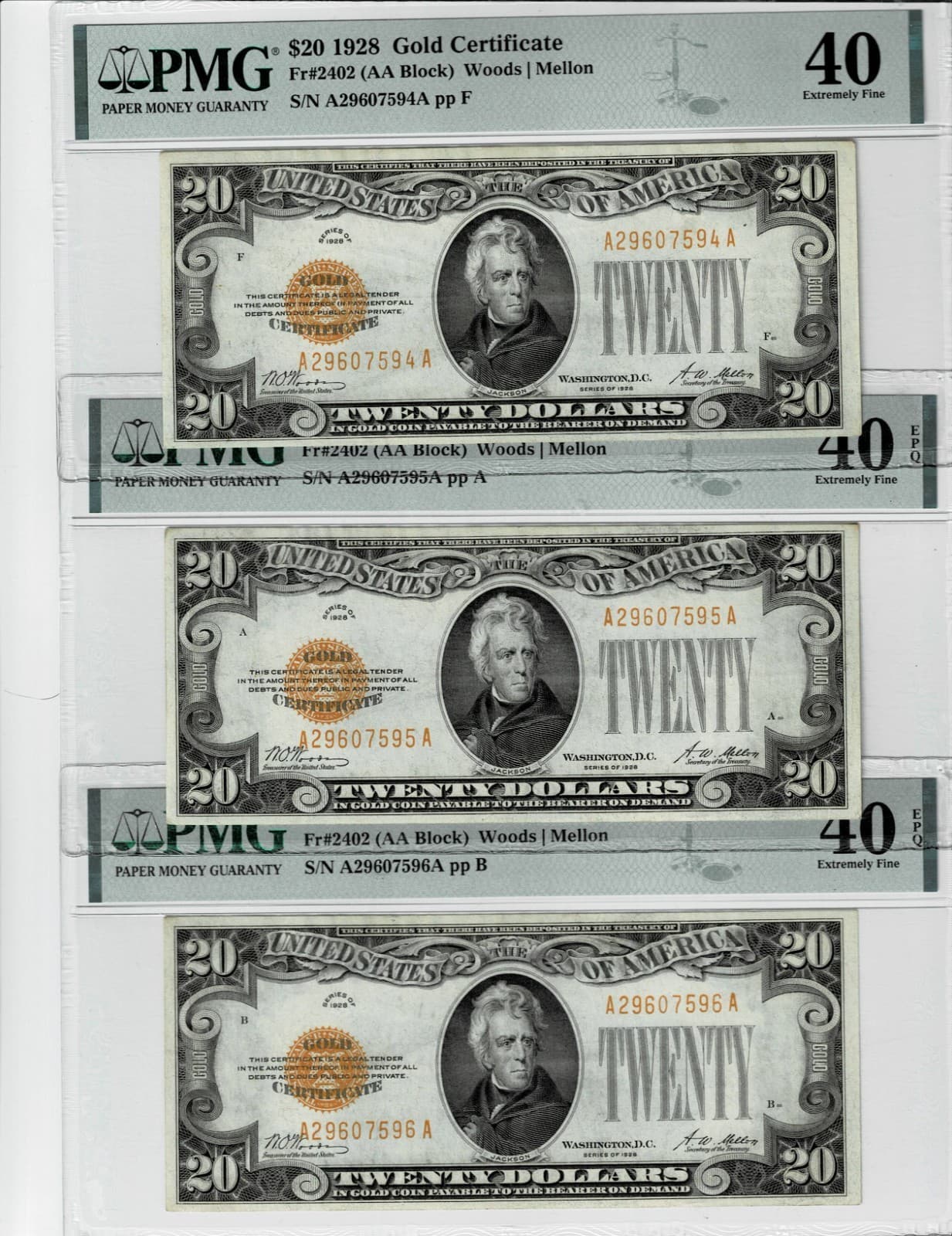 Sequential Triplets 1928 $20 Gold Certificate Fr. 2402 PMG 40 Two of them EPQ — view 1
