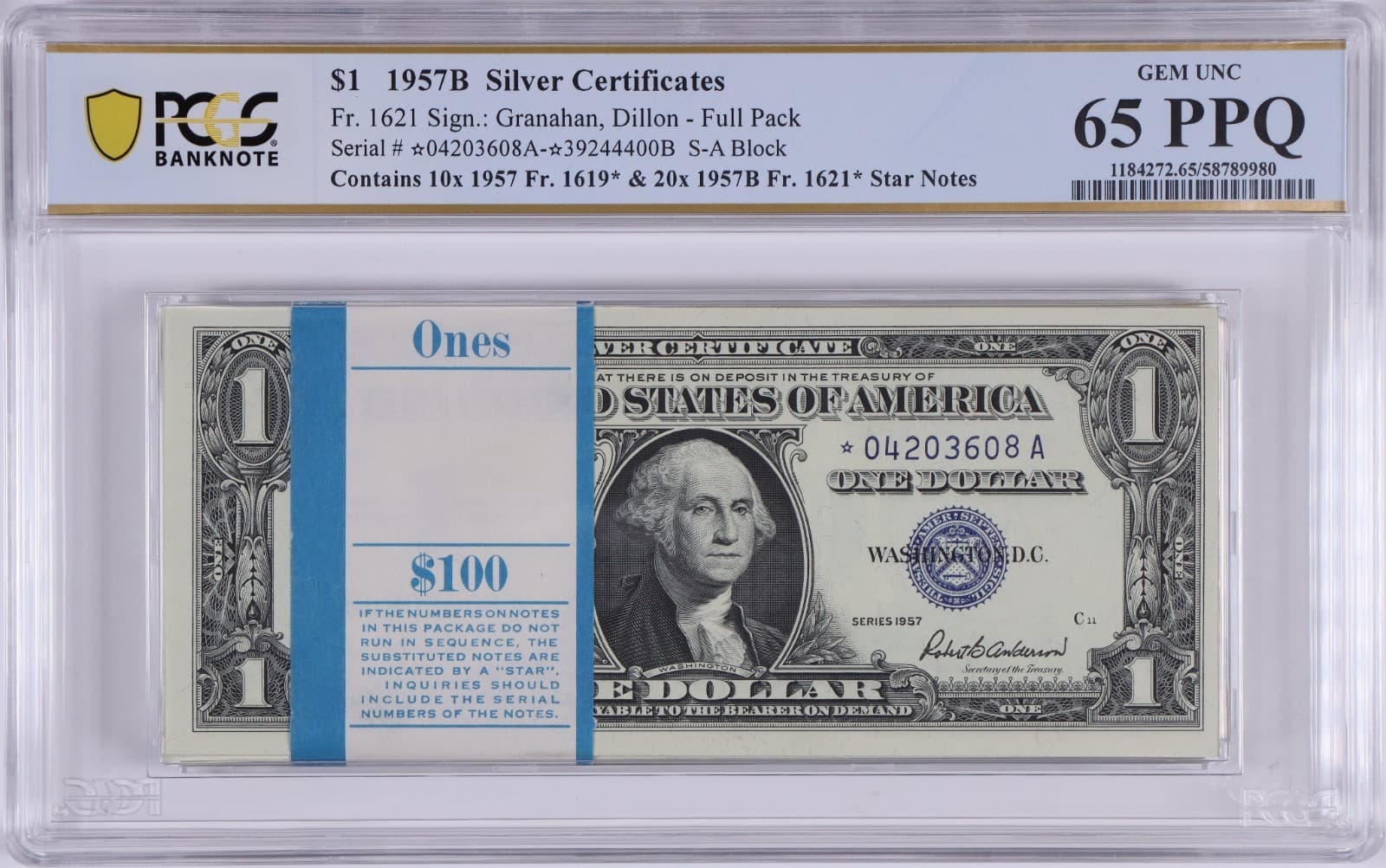Gem Pack 1957B $1 (100) Notes, 30 Stars, PCGS UNC 65 PPQ Fr. 1621