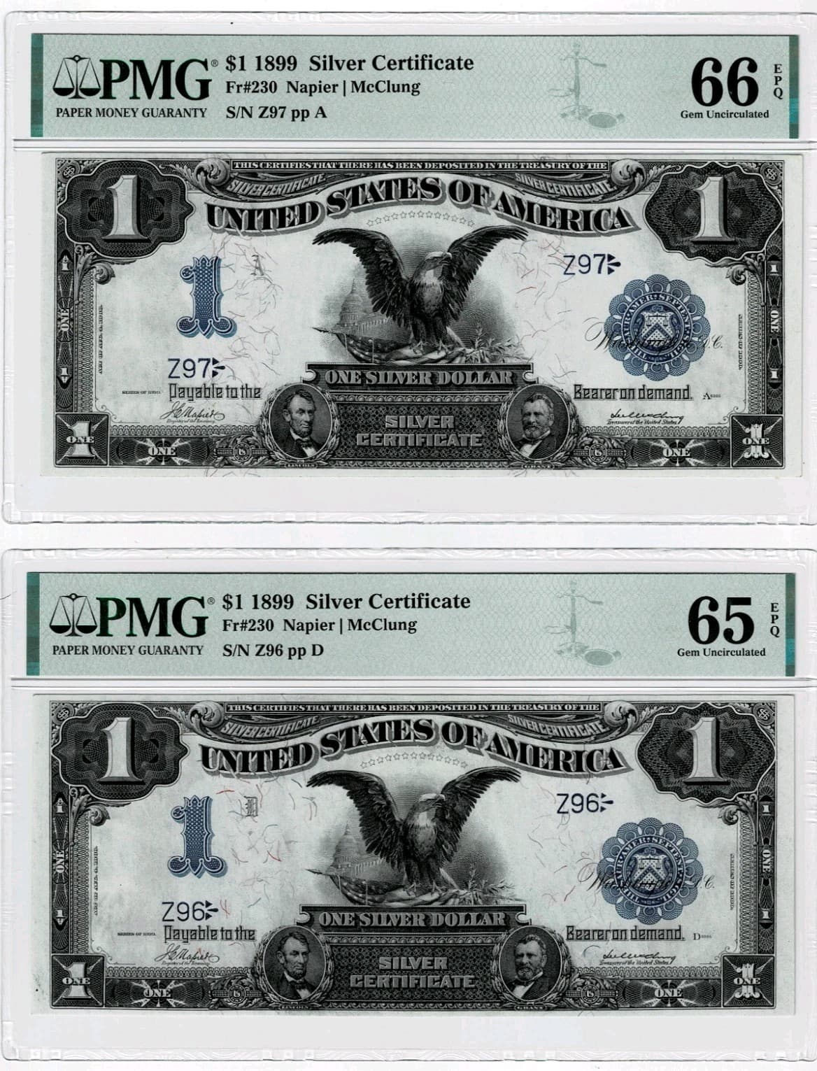 Super Rare Sequential 2-digit Black Eagles 1899 $1 Fr. 230 PMG 66EPQ 65 EPQ — view 1