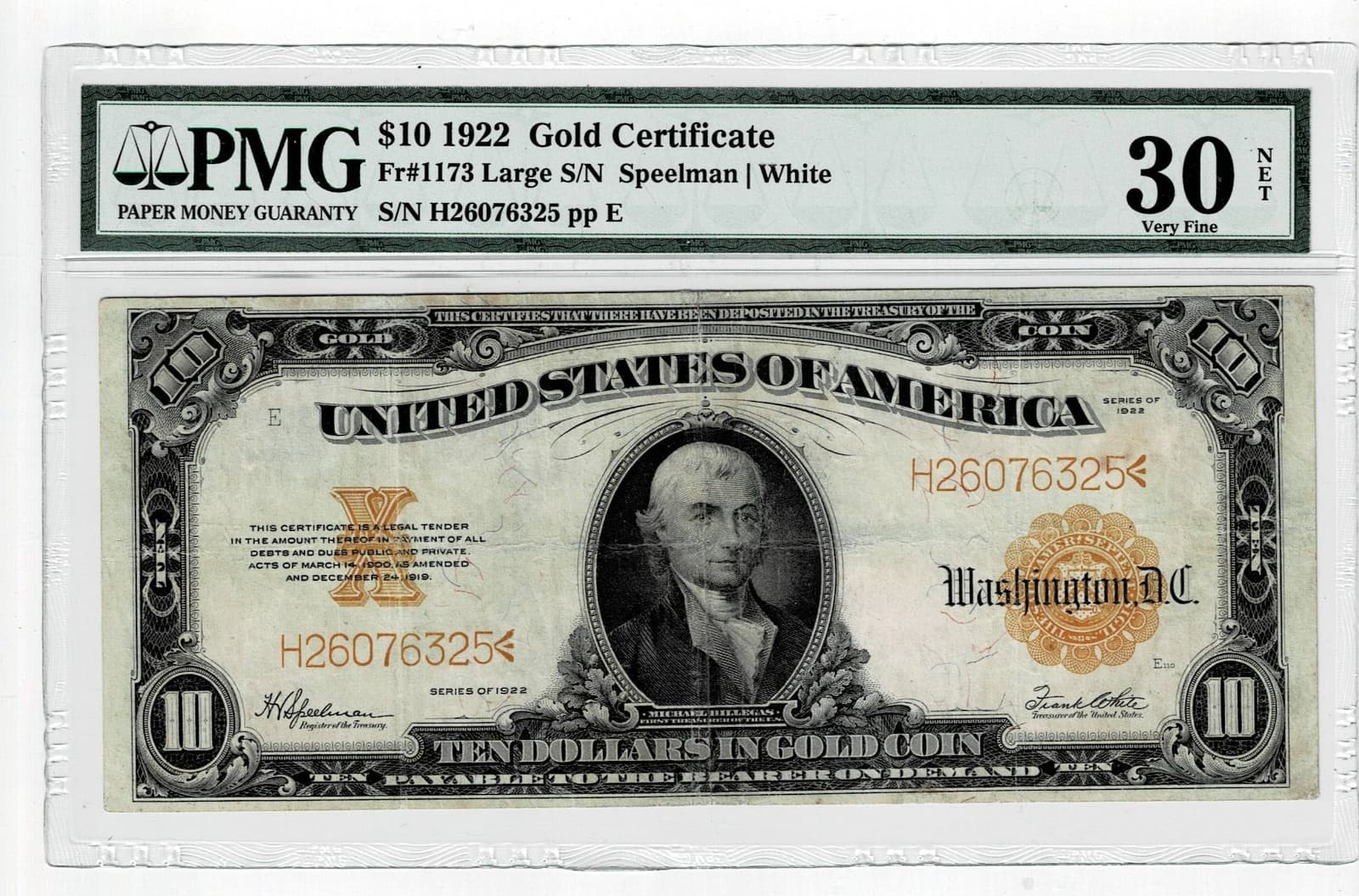 $10 1922 GOLD CERTIFICATE FR#1173 PMG 30 VERY FINE — view 1