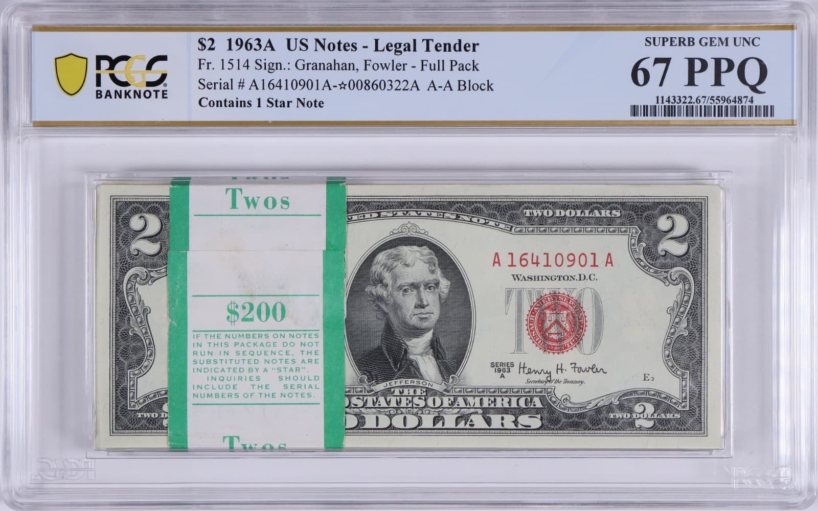 SUPERB GEM 💎 1963-A $2 FULL Pack Legal Tender 00 Sequential PCGS 67 W/ 1 Star — view 1