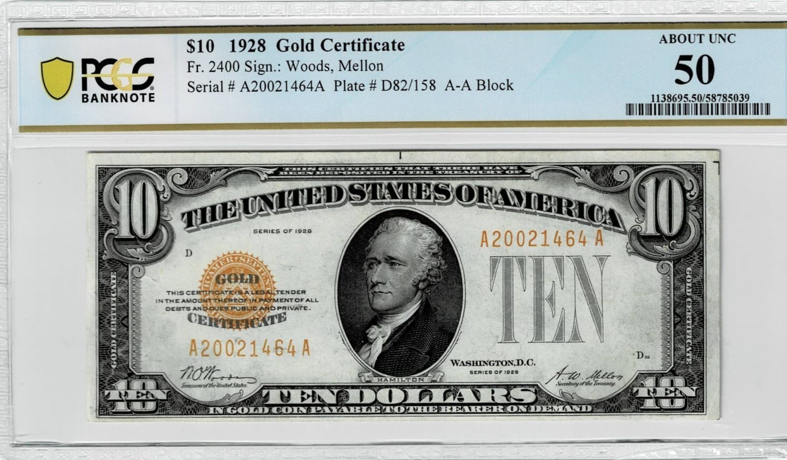 1928 $10 Gold Certificate FR#2400 PCGS 50 About Uncirculated — view 1