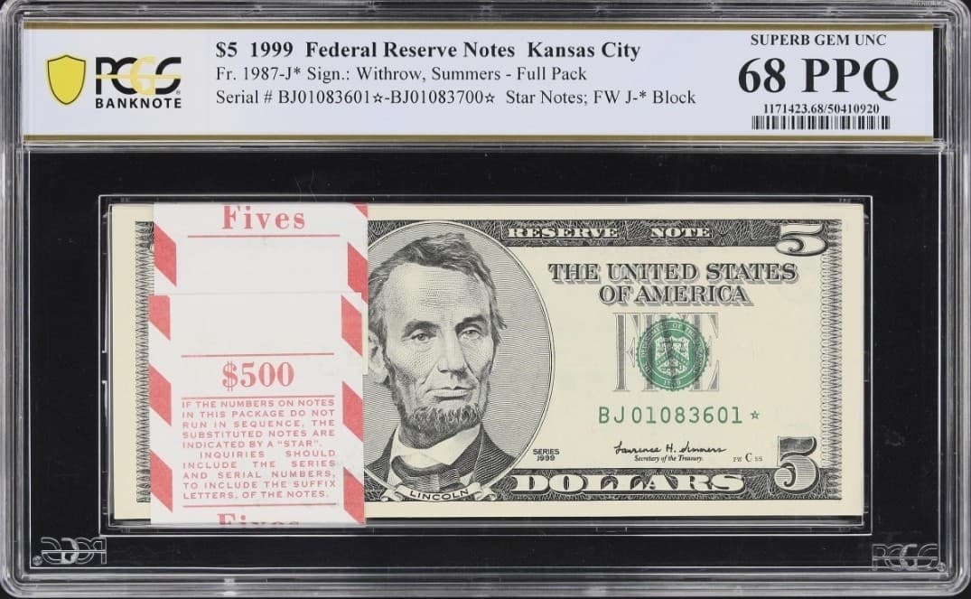 Superb GEM PACK 1999 $5 PCGS 68 PPQ FRN Kansas City πSTARπ 100 Consecutive β view 1
