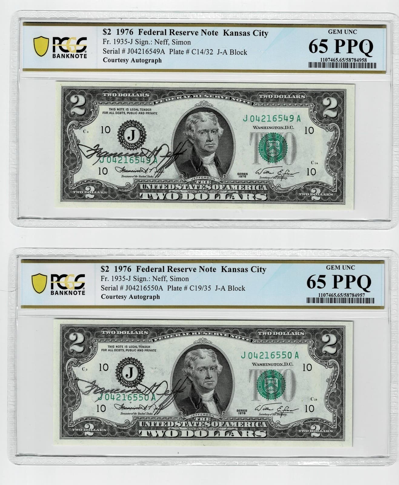 Consecutive 1976 $2 Courtesy Autograph Kansas Fr 1935-J Federal Reserve Note — view 1