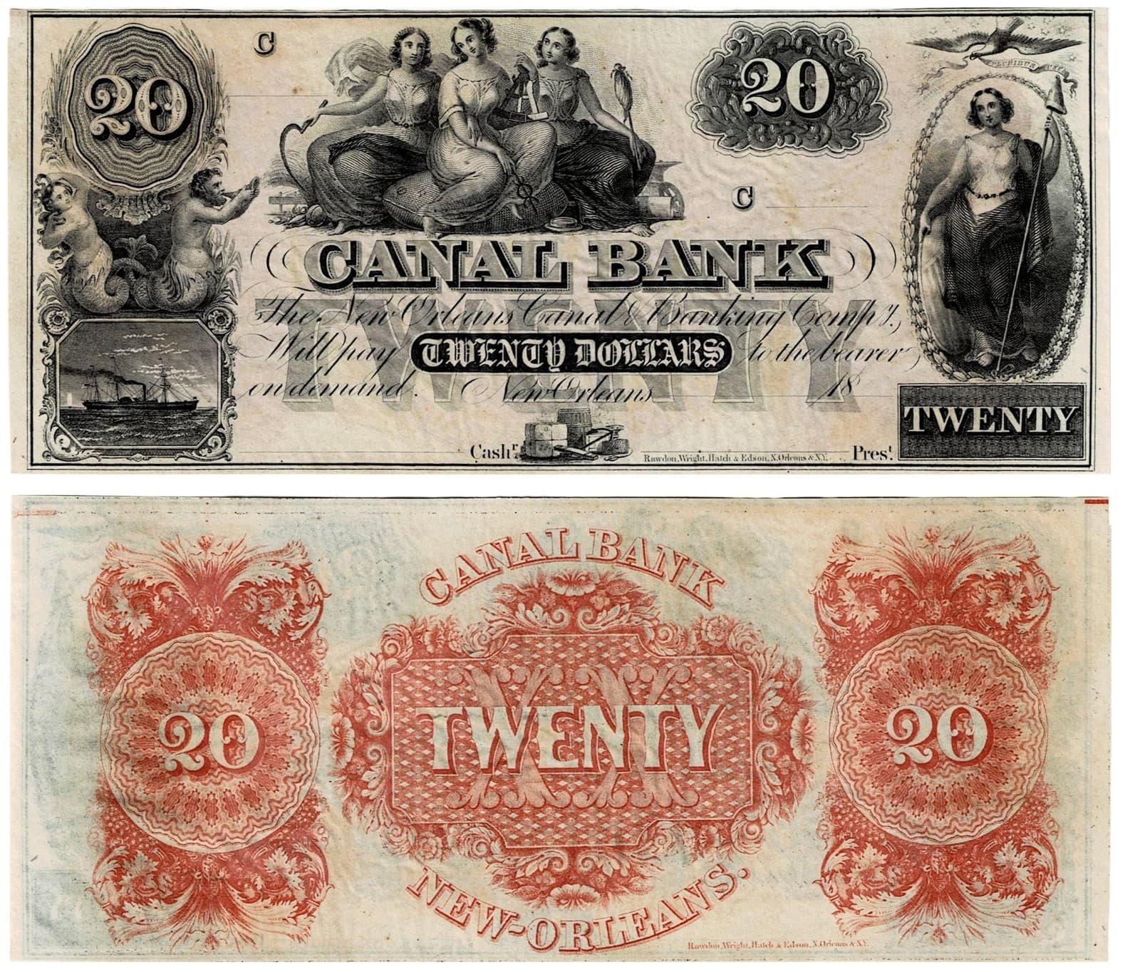 1850s $20 Canal Bank New Orleans Louisiana Obsolete Note