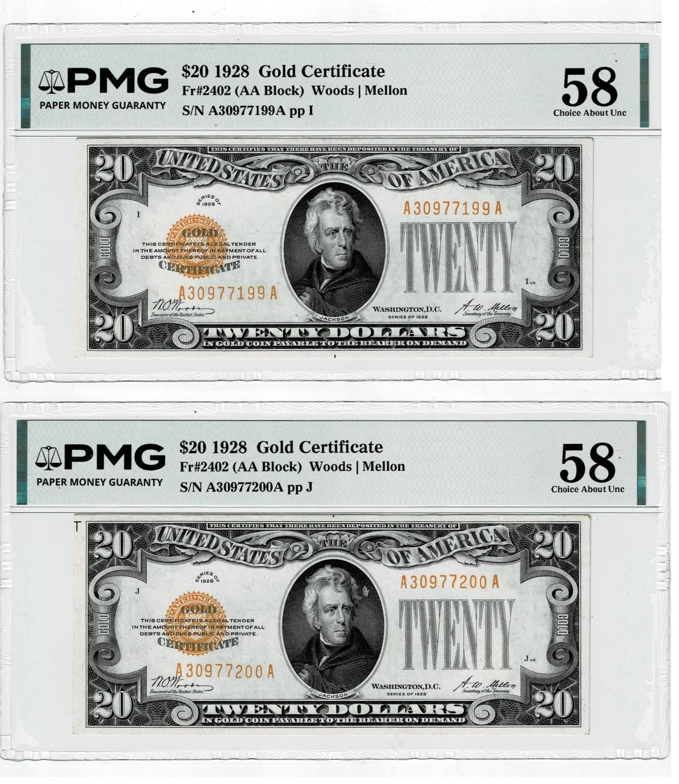 Consecutive Gold Certificates $20 Fr. 2402 PMG Super Rare — view 1