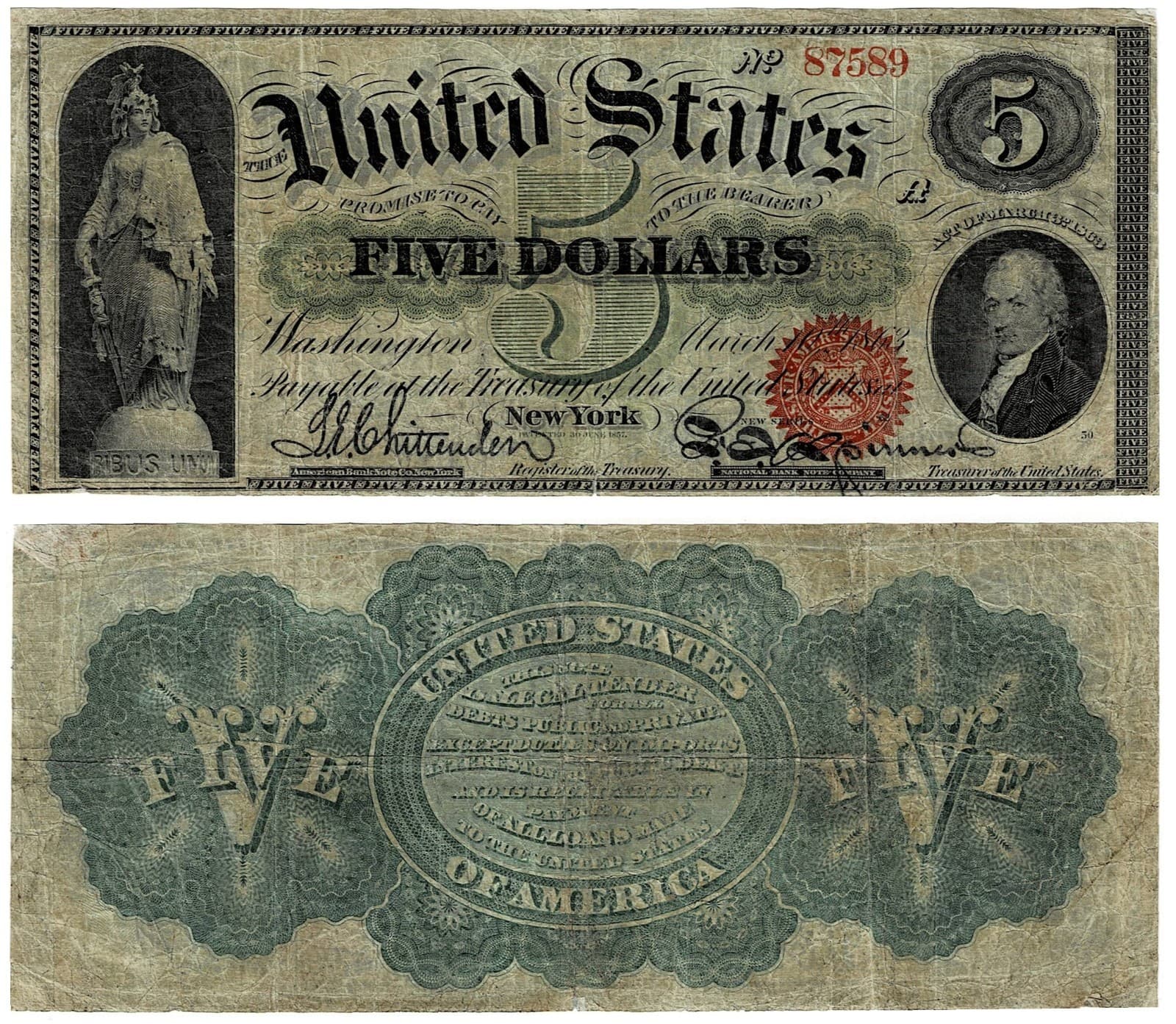 1862 $5 LEGAL TENDER ALEXANDER HAMILTON