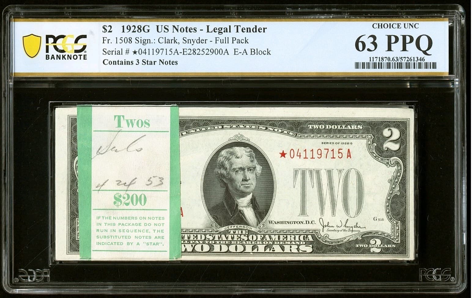Super Rare Original Pack of 100 1928G $2 Fr. 1508 Legal Tenders PCGS Choice Unc