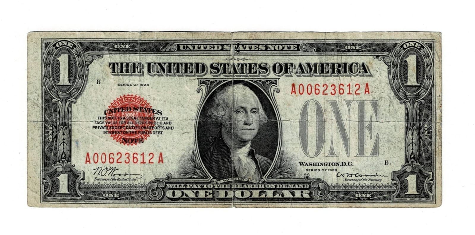 Series 1928 $1 United States Note Fr 1500 Red Seal Funny back — view 1