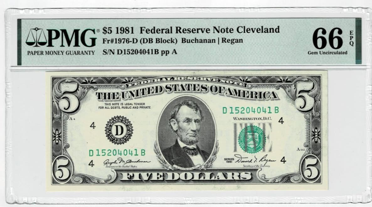 $5 1981 Federal Reserve Note Fr. 1976-D. PMG 66 EPQ — view 1