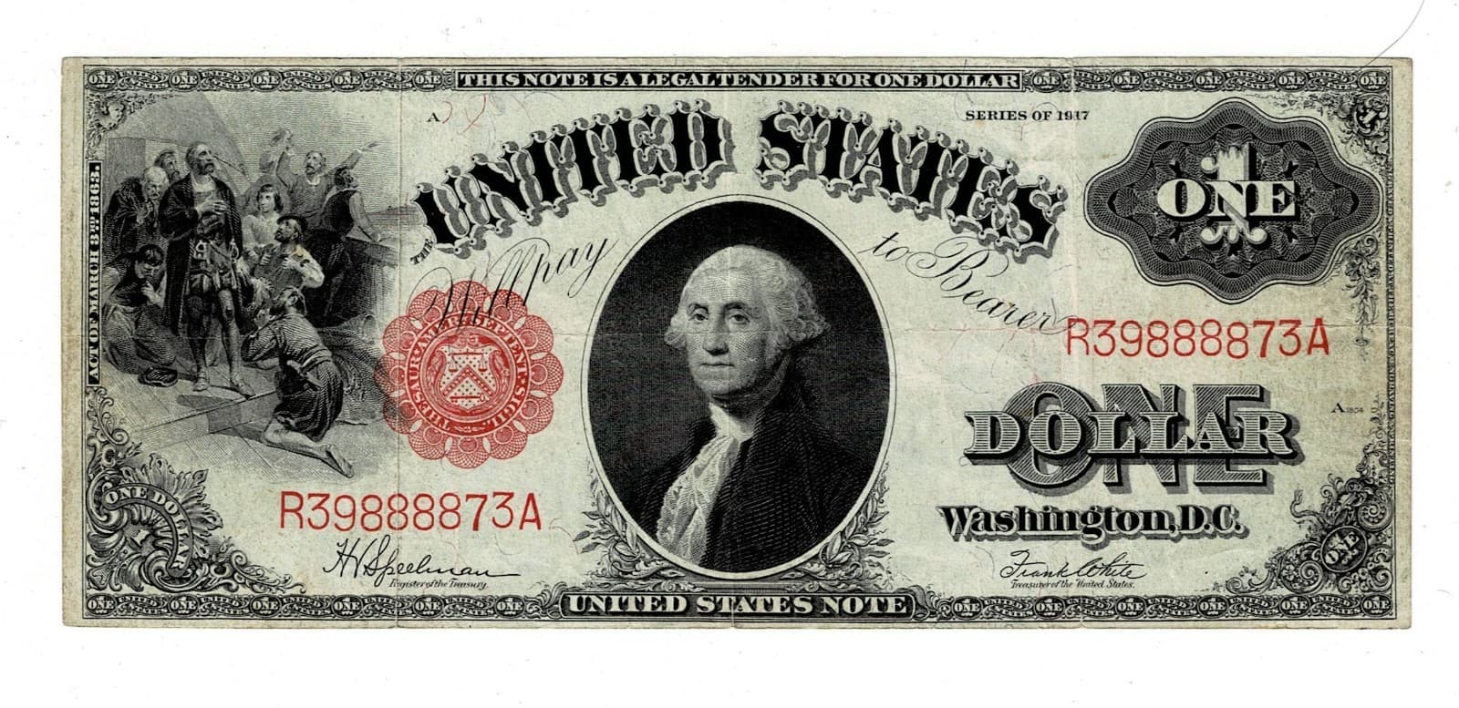 Part of History: 1917 $1 Legal Tender Note LARGE SIZE NOTE — view 1