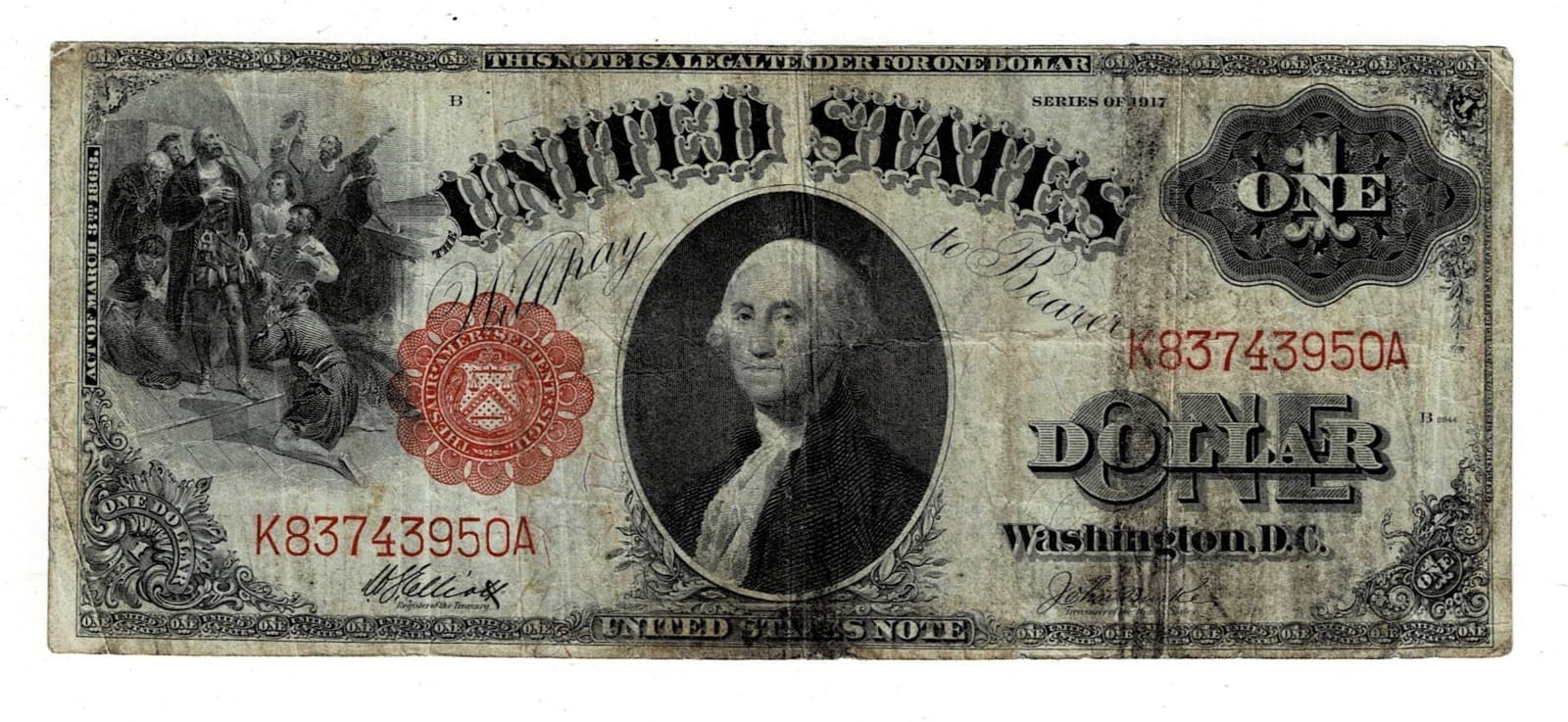 Part of History: 1917 $1 Legal Tender Note LARGE SIZE NOTE — view 1