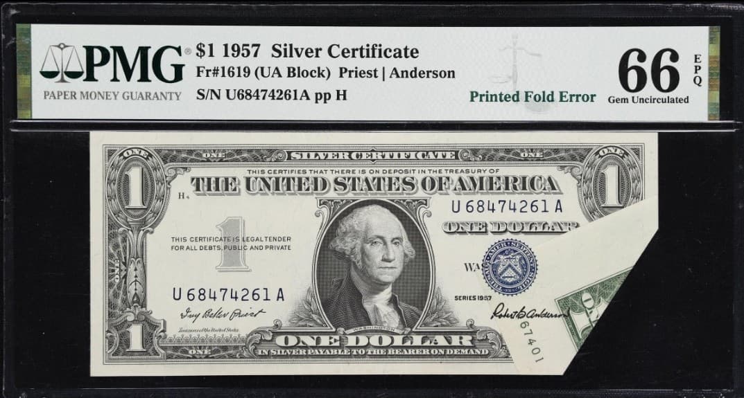 Error Fr. 1619 1957 $1 Silver Certificate PMG Gem 66 EPQ Printed Fold Error — view 1