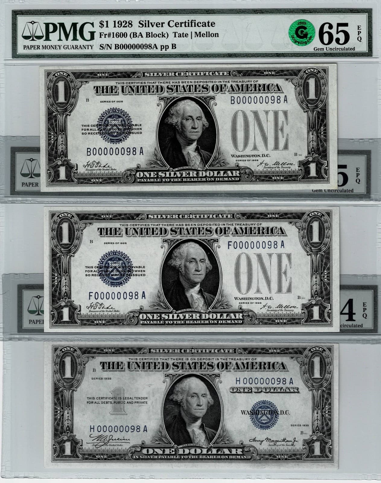 MATCHING SERIAL NUMBERS 98 Two digit Serial 98 $1 1928 1928 1935 — view 1