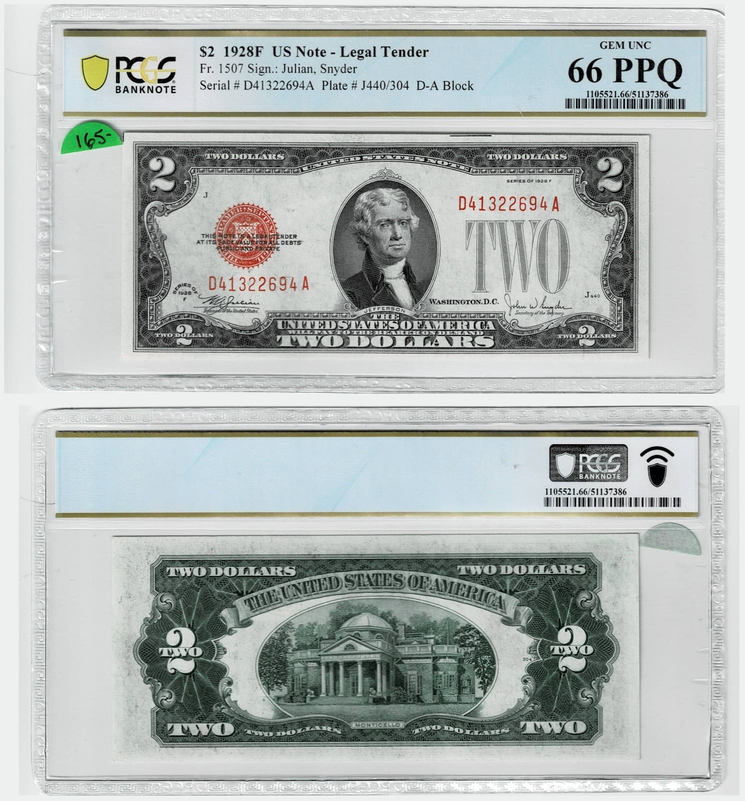 1928G $2 US LEGAL TENDER PCGS GEM 66 UNC PPQ