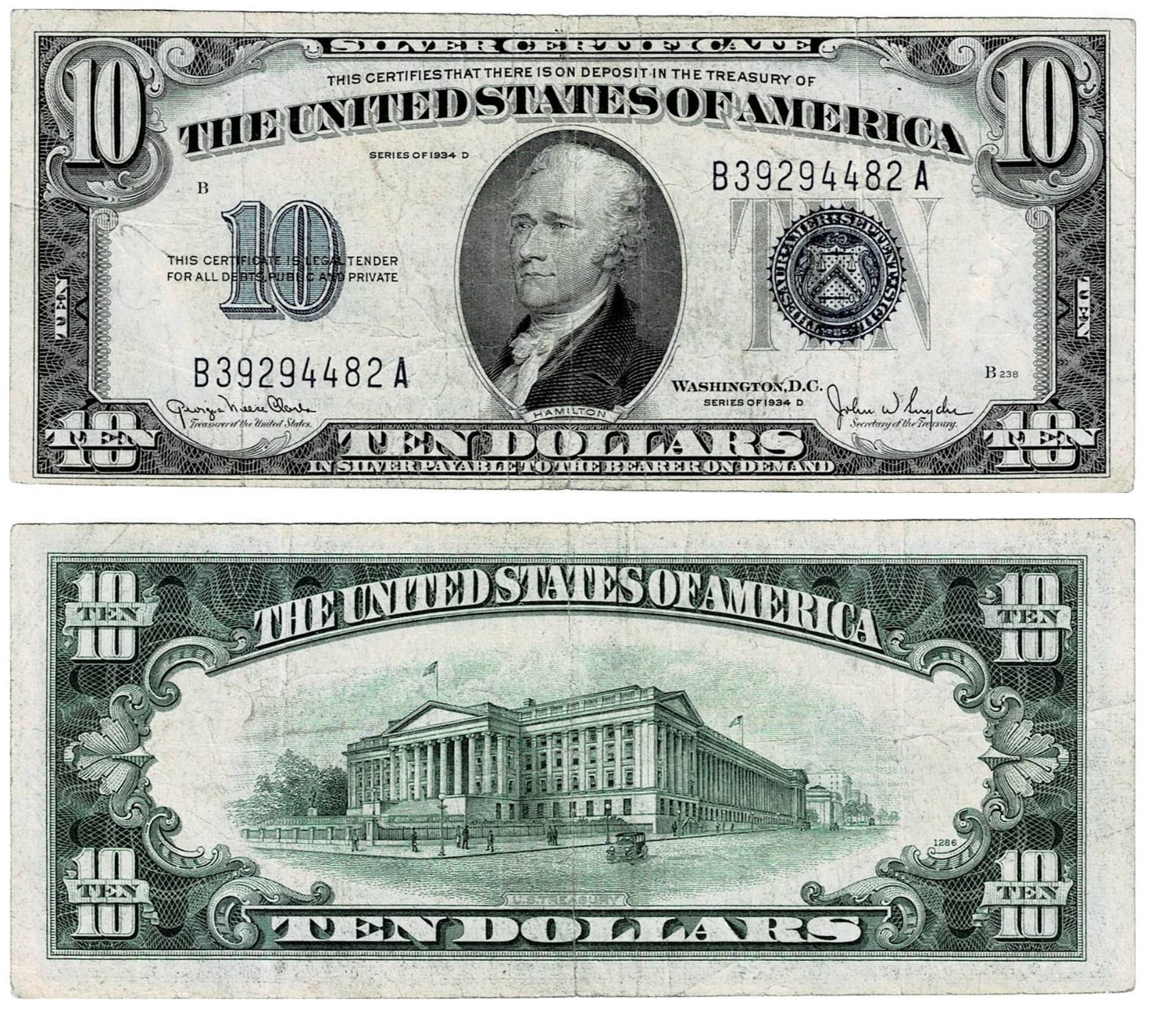1934-D $10 Blue Seal Silver Cert Note FINE Fr#1705 Problem Free — view 1