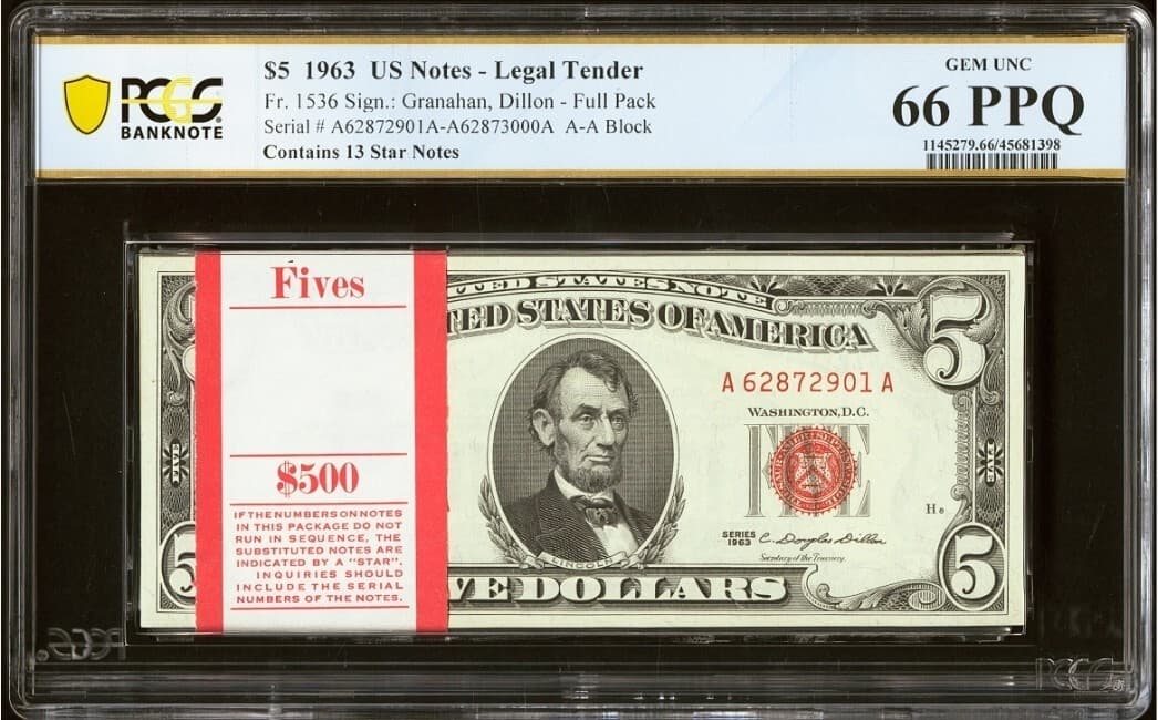 Fr. 1536 $5 1963 FRN's Full Pack of 100 Notes PCGS Gem Unc 66 PPQ 13 STARS 🌟 — view 1