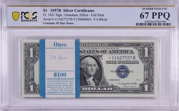 Superb Gem Pack 1957B $1 (100) Notes, 39 Stars, PCGS UNC 67 PPQ Fr. 1621 — view 1
