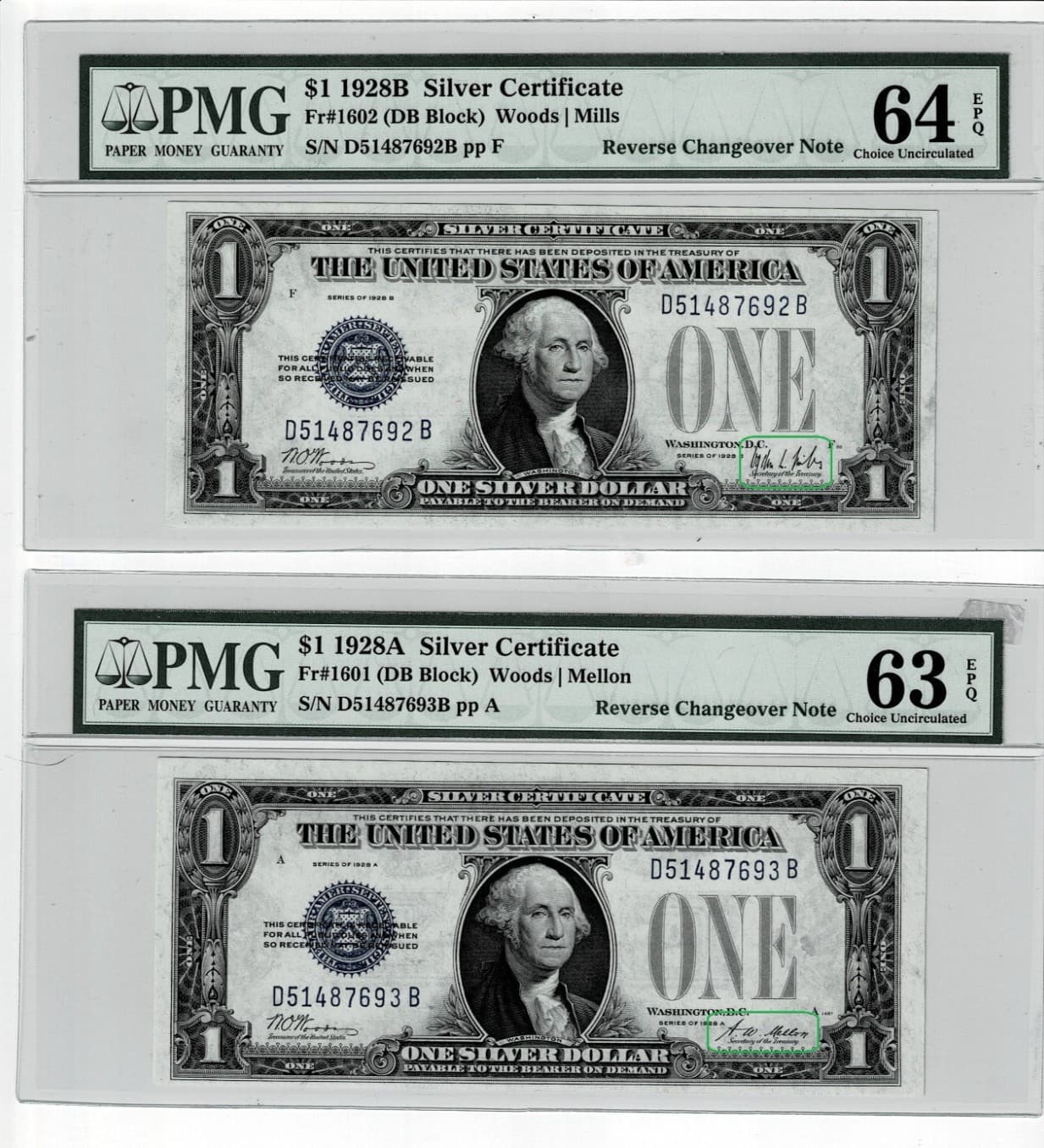 1928A 1928B $1 Silver CertificatePMG 63/64EPQ changeover pair Fr 1601 Fr 1602 — view 1