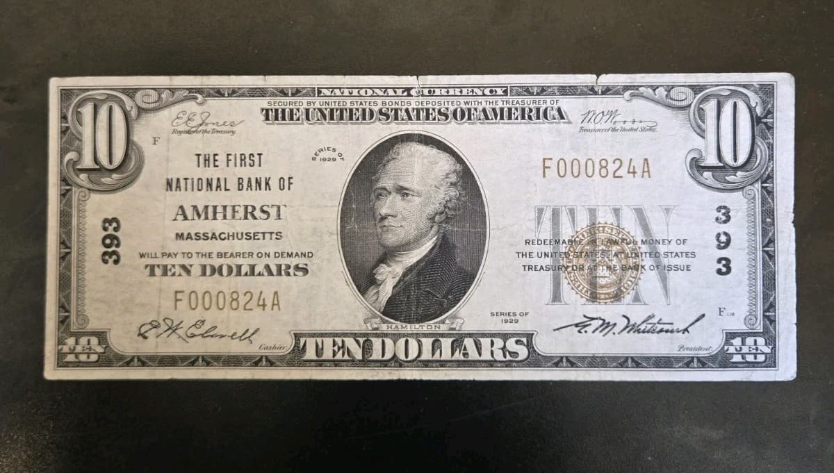 1929 $10 National Amhesrt Massachusetts Type 1 Charter 393 — view 1