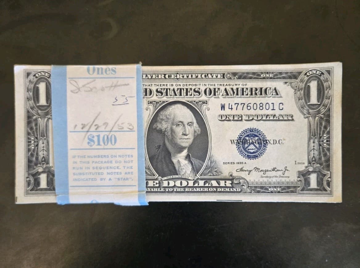 Super Rare 1935-A Pack of 100 Sequential $1 Silver Certificates No Motto