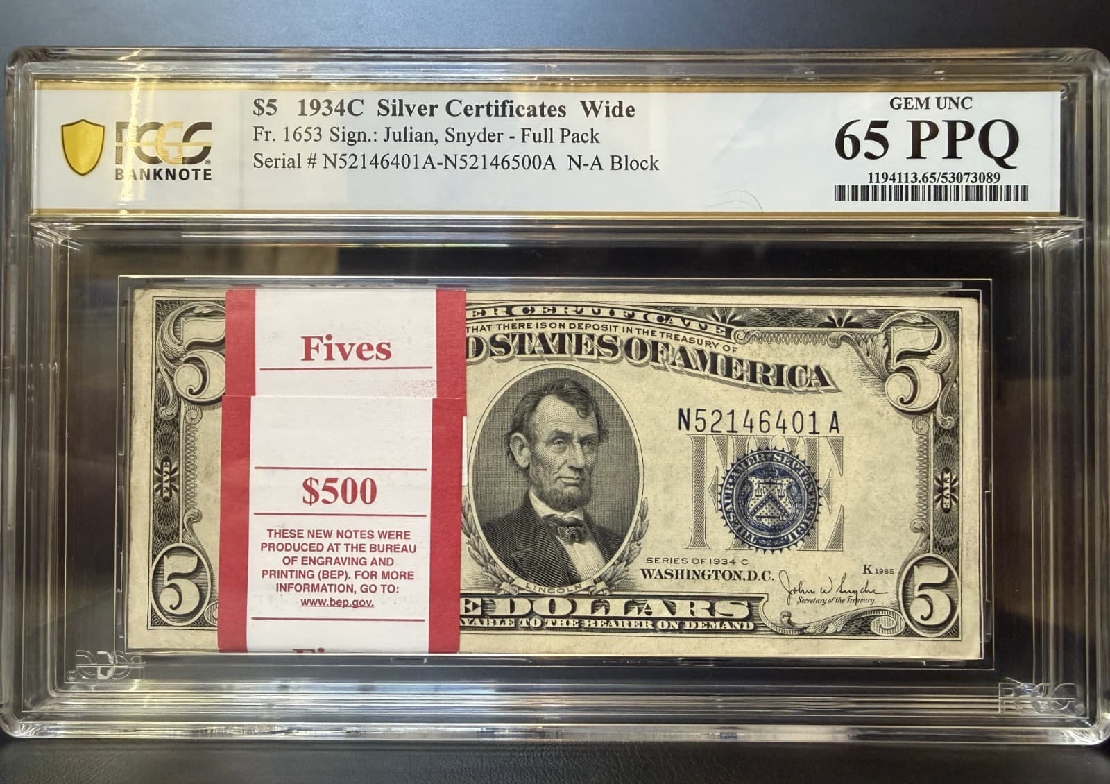 Extremely Rare 1934-C Pack of 100 Sequential $5 Silver Certificates GEM UNC — view 1