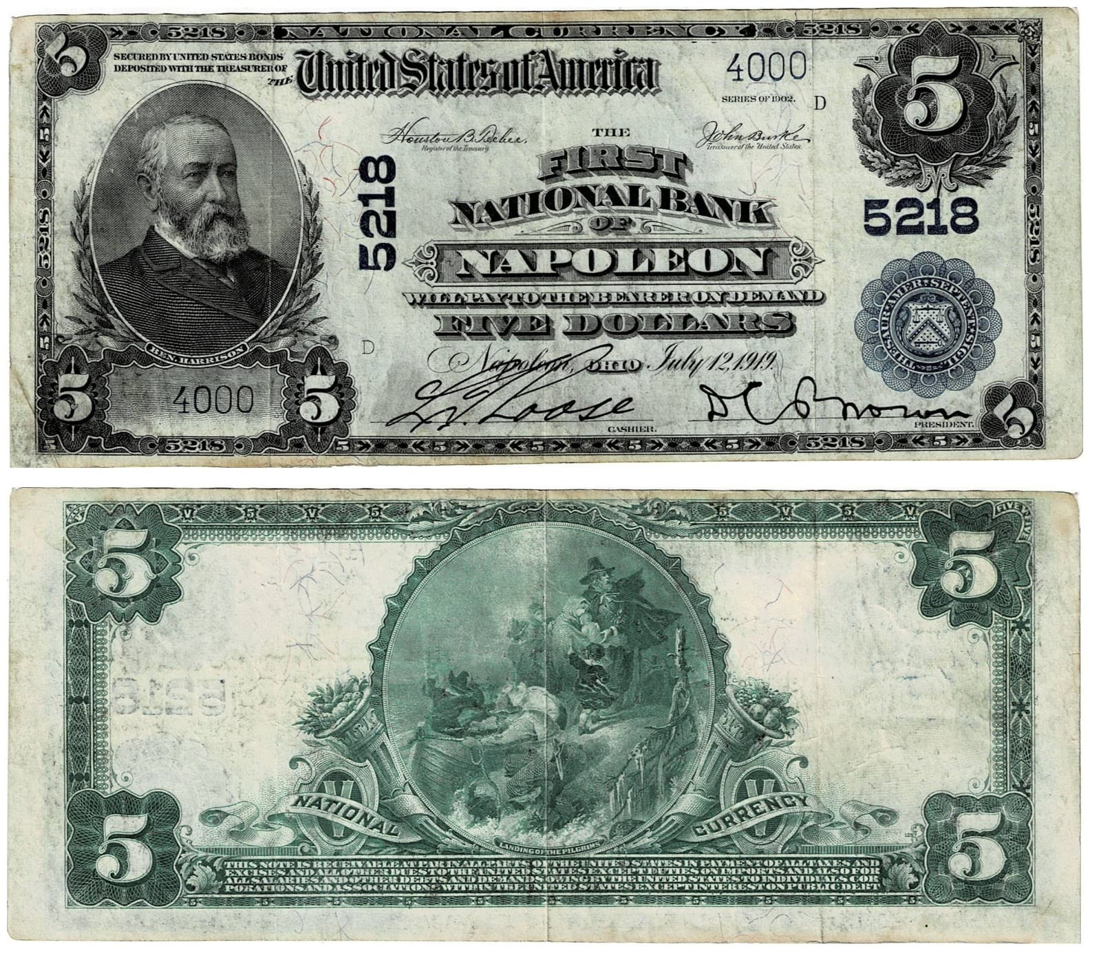 (Fancy Serial) 1902 $5 The First National Bank Of Napoleon Serial 4000 — view 1