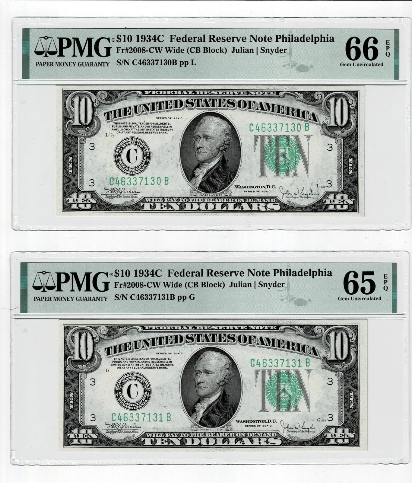 Sequential Pair of 1934-C $10 Fr. 2008-CW Wide (CB Block) PMG 65 66 PPQ — view 1