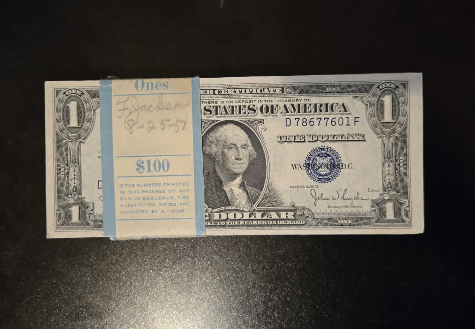 1935-D Pack of 100 Sequential $1 Silver Certificates No Motto